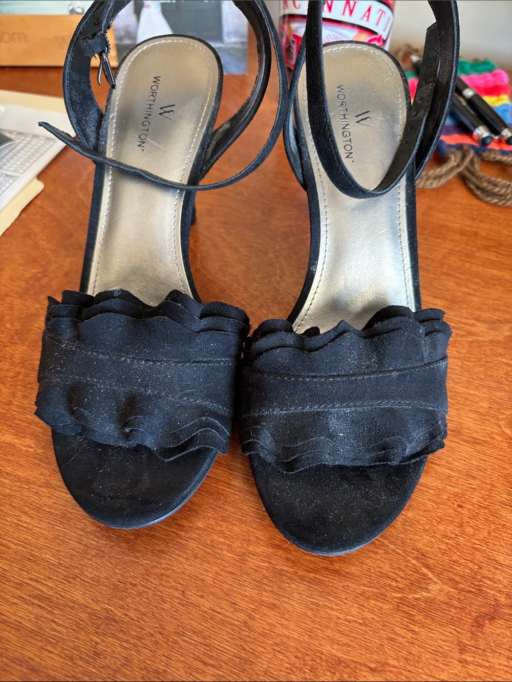 Worthington Black Ruffle Ankle-Strap Heels with Buckle